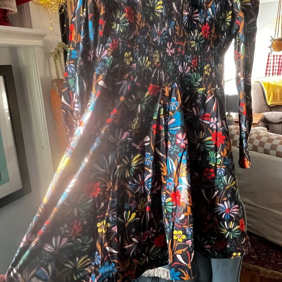 Boden Frill Neck Smocked Dress Black "Wild Dandelion" UK 12 US 8 EUC Knee Length - Picture 9 of 11